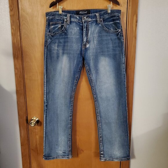True Luck Distressed Bootcut Stretch Jeans Mens 36x32 Medium Wash - Picture 1 of 3